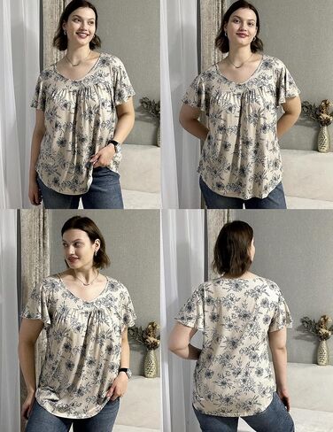 in'Voland plus size womens الكشكش الأكمام قمم Tunic Tops v العنق القمصان الصيفية طباعة الأزهار قمم بلوزة أنيقة in Kuwait