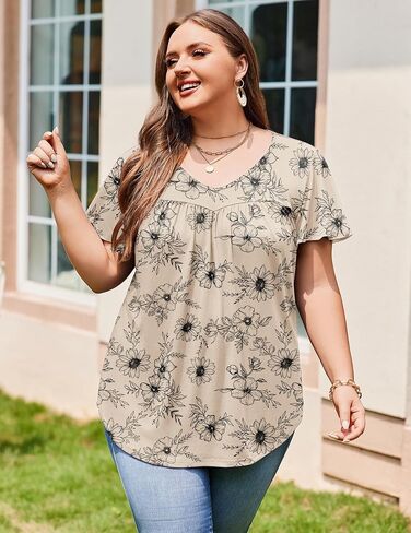 in'Voland plus size womens الكشكش الأكمام قمم Tunic Tops v العنق القمصان الصيفية طباعة الأزهار قمم بلوزة أنيقة in Kuwait