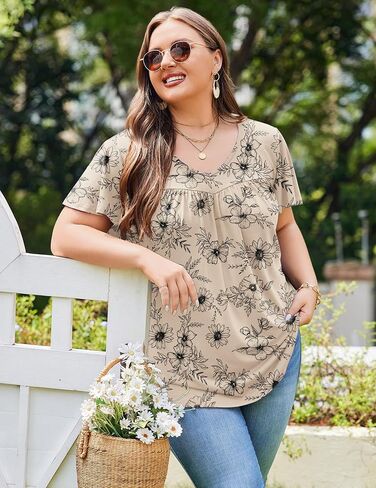 in'Voland plus size womens الكشكش الأكمام قمم Tunic Tops v العنق القمصان الصيفية طباعة الأزهار قمم بلوزة أنيقة in Kuwait