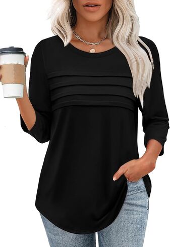XIEERDUO Women's 3/4 Length Sleeve Tops Dressy Casual Blouses Crewneck T-Shirts Loose Curved Hem Tunic S-3XL in Saudi Arabia