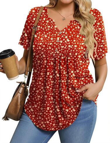 IN'VOLAND Womens Plus Size Tunic Top Summer Short Sleeve T-Shirt V-neck Button Up Dressy Blouse Casual Pleated Pullover 1X-5X in Saudi Arabia