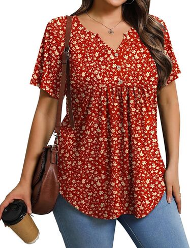 IN'VOLAND Womens Plus Size Tunic Top Summer Short Sleeve T-Shirt V-neck Button Up Dressy Blouse Casual Pleated Pullover 1X-5X in Saudi Arabia