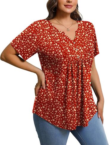 IN'VOLAND Womens Plus Size Tunic Top Summer Short Sleeve T-Shirt V-neck Button Up Dressy Blouse Casual Pleated Pullover 1X-5X in Saudi Arabia