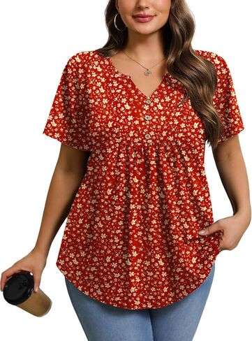 IN'VOLAND Womens Plus Size Tunic Top Summer Short Sleeve T-Shirt V-neck Button Up Dressy Blouse Casual Pleated Pullover 1X-5X in Saudi Arabia