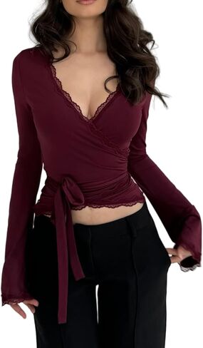 Women Y2K Long Sleeve Cross Wrap Tops Deep V Neck Slim Fit Workout Yoga Ballet Wrap Shirts Coquette Aesthetic Tie Tops in Saudi Arabia
