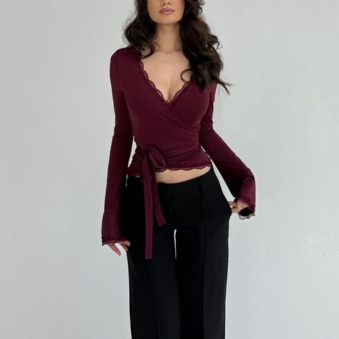 Women Y2K Long Sleeve Cross Wrap Tops Deep V Neck Slim Fit Workout Yoga Ballet Wrap Shirts Coquette Aesthetic Tie Tops in Saudi Arabia