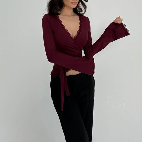 Women Y2K Long Sleeve Cross Wrap Tops Deep V Neck Slim Fit Workout Yoga Ballet Wrap Shirts Coquette Aesthetic Tie Tops in Saudi Arabia
