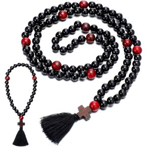 Misdary 2 Pcs Christian Orthodox Prayer Rope Oak Wooden Chotki Cross Blessing Prayer Beads 30 100 Knots with Red Bead Cross Charm Tassel Pray Black for Religious Catholic Gift for Men Women
