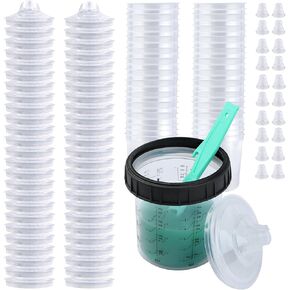Disposable Paint Spray Gun Cups for Automotive Paint Gun, Paint Mixing Cups 20 Ounce(600ml) Kit - 50 Pack Paint Cups with Lids,1 Hard Cup with Retainer Ring, 20 Plugs with 1 Paint Stirrer