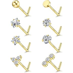 MILACOLATO 14K Gold Filled Nose Ring Studs Hypoallergenic 316L Surgical Stainless Steel Nose Rings 18G 20G L Shaped Nose Nostril Piercing Jewelry for Women Men
