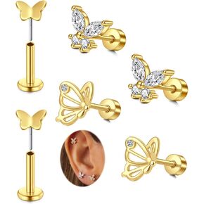 MODRSA Silver Gold Cartilage Earring for Women Hypoallergenic Flat Back Earrings Threadless Helix Earring Tragus Studs 6mm Cartilage Jewelry Flatback Surgical Steel Butterfly Heart Earrings for Women