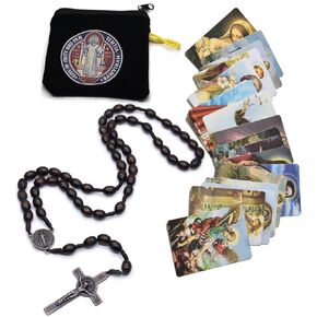 SZQCZB Wooden Rosary Beads Catholic for Men, Saint Benedict Medal and Cross - Comes in Gift Pouch and 18pcs Prayer Cards