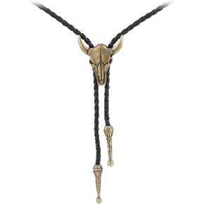 AZORA Western Bolo Tie for Men Cow Skull Copper Necktie Leather Braided Bolos for Women (cow skull necklace gold)