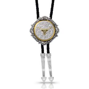 Montana Silversmiths Longhorn Bright Cut Engraved Western Bolo Tie