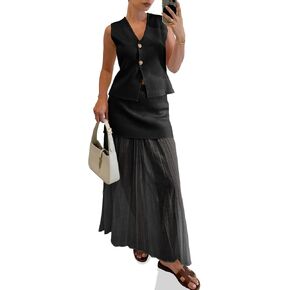 Cicy Bell Womens Summer 2 Piece Outfits V Neck Sleeveless Blazer Waistcoat and Mesh Maxi Skirt Suit Sets