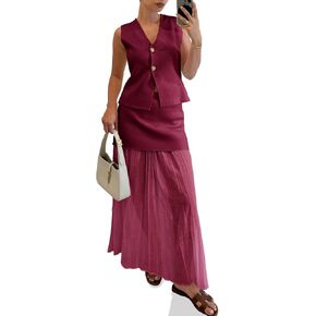 Cicy Bell Womens Summer 2 Piece Outfits V Neck Sleeveless Blazer Waistcoat and Mesh Maxi Skirt Suit Sets in Kuwait