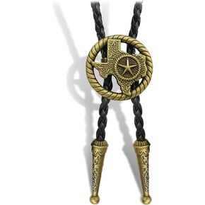 RechicGu Vintage Bolo Tie for Men Women Texas Map Star Necktie Western Bola Tie Black Leather Cowboy Cowgirl