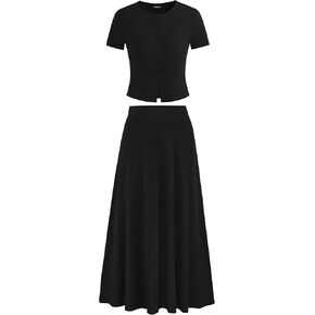 PRETTYGARDEN Women's 2 Piece Skirt Sets Summer Short Sleeve Button Up Knit Crop Top Flowy Maxi Skirts Travel Vacation Outfits