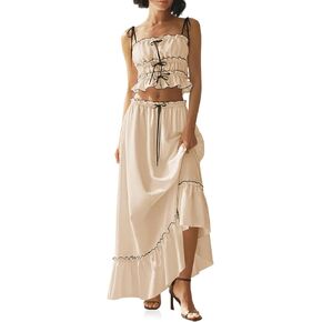 Wenrine Women's Summer 2 Piece Skirt Sets Casual Spaghetti Straps Cropped Cami Ruffle Maxi Skirt Flowy Beach Outfit