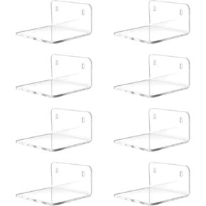 Acrylic Small Shelf,Mini Floating Wall Shelf,Wall Mounted Storage Shelf,for Pop Figures,Plant,Picture Photo Modern Wall for Office Bedroom Living Room,Clear (8 Pack)