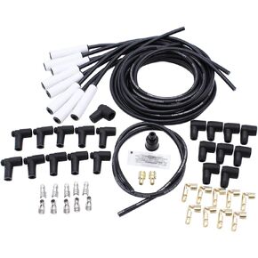 Black 8mm Heat Spiral Spark Plug Wire Set White Ceramic Straight 180° Boots Universal Fits for SBC BBC Chevy Ford Engines