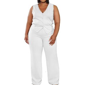 Women's Plus Size Pant Suits 2 Piece Outfits Button Vest Blazer Pockets Wide Leg Pants Sets Casual Pantsuits