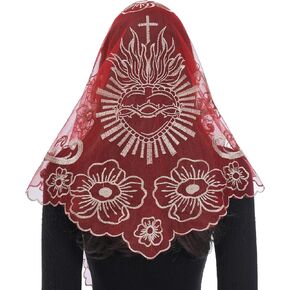 Bozidol Catholic Veils for Church Women: Triangle Sacred Heart Camellia Embroidery Mantilla Veil, Religious Veil Mass Chapel