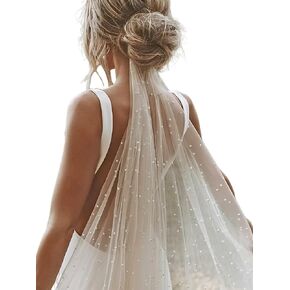 Pearl Wedding Veil Short Bridal Veil White Mini Veils Non-slip Fingertip Tulle Hair Accessory for Brides Women Bridal Shower Bachelorette Party