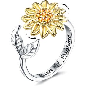 925 Sterling Silver Rings Sunflower Fidget Ring for Women Anxiety Stress Relieving You Are My Sunshine Flower Spinner Rings Cubic Zirconia Open Adjustable Stacking Statement Wedding Stackable Ring Jewelry Gift for Women