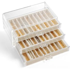 Necklace Organizer Box, Dustproof Bracelet Necklace Holder Organizer Clear Stackable Jewelry Box Velvet Jewelry Displays for Chains Bracelets Pendants (Beige, 3 Drawers)