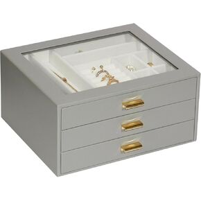 Jewelry Boxes for Women, Glass Lid Jewelry Box with 3 Drawers,Jewelry Organizer for Necklaces, Rings, Earrings, Bracelets, Interesting Gift - White