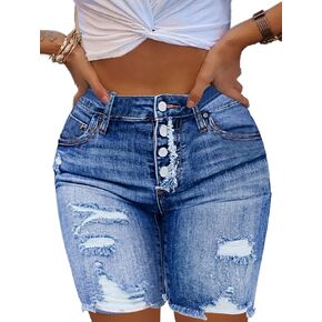 Flamingals Women's Button Fly Ripped Denim Shorts Without Belt Mid Waist Casual Shorts