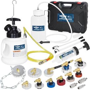 FIRSTINFO A1163HK3 3L Manual Pressure Brake Fluid Bleeder Kit w/ 11 Pcs Metal Master Cylinder Reservoir Adapters + Fluid Receiver Bottle, Extractor Pump, 3 Types of Couplers