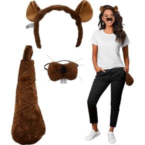 Nicky Bigs Novelties Adult Beaver Ears Headband Tail Nose Costume Kit Fun Brown Plush Beaver Animal Accessories for Men and Women Halloween Cosplay Pretend Play Theater