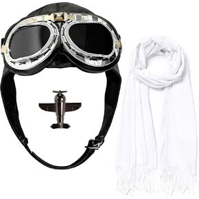 مجموعة نظارات Aviator Hat ، Aviator Costume SE Pilot Costume Assume مع بروش وشاح بيضاء للرجال البالغين النساء