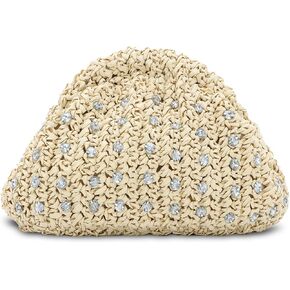 GOKTOW Straw Rhinestone Dumpling Clutch Purse,Summer Raffia Rattan Vacation Beach Bag for Women 2025
