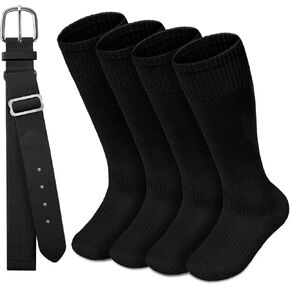 HONGTEYA Youth Baseball Socks and Belt Combo Set, 2 Pair Youth Softball Socks and Adjustable Baseball Belt for Boys Girls