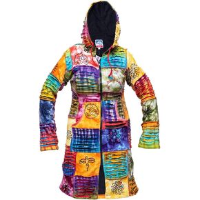 Women's Patchwork Knee-length Winter Jacket, Warm Colorful Tie-Dye Hippie Zip Up Long Coat