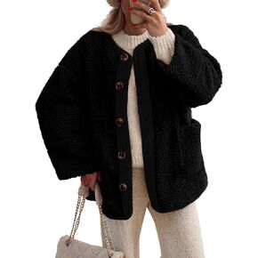 Women's Fuzzy Fleece Jackets Long Sleeve Button Down Fuzzy Sherpa Outerwear with Pockets in Saudi Arabia