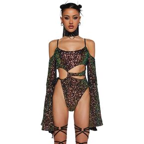 Dolls Kill Melodic Mistress Sequin Bodysuit by Club Exx – Iridescent Abalone Sequin Bodysuit with Bell Sleeves