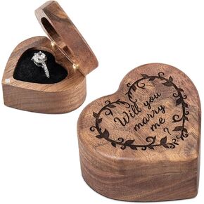 Engagement Proposal Ring Box Secret Slim Hidden Wooden Heart Shaped Engraved Ring Case Ring Bearer Box Ring Holder for Wedding Ceremony, Commemoration Day (A Promise Is Forever)