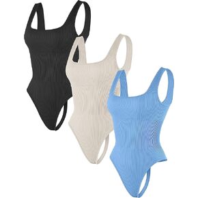 HEGALY Thong Bodysuits for Women 3 Piece Sexy Ribbed Seamless Tummy Control Shapewear Sleeveless Square Neck Tank Top