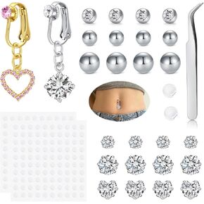QWALIT Gold Fake Belly Piercing Cubic Zircon Butterfly Clip on Belly Button Rings Stick on Navel Ring Studsnon Piercing Fake Piercing Jewelry Pink Heart Silver Sticky Balls no Pierced