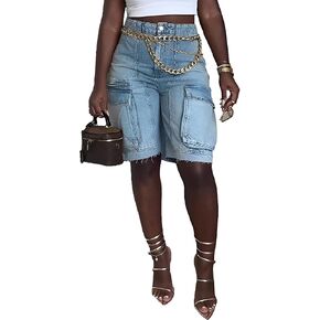Unybwonn Women Denim Shorts High Waisted Distressed Straight Leg Cargo Shorts Casual Cargo Jean Shorts with Pockets