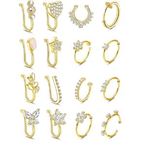 Dolotta 16pc Nose Cuff Kit - حلقات الحاجز والغضاريف المزيفة ، الزركونيا المكعبة ، غير المقدمة ، الذهب