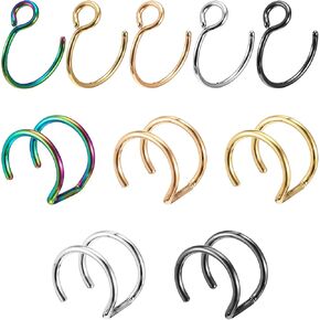 Nose Rings Hoops Double Hoop Nose Ring, 10 Pcs Fake Noses Ring Lip Rings Stainless Steel Fake Lip Piercing Clip On Ear Cuffs Non Piercing Jewelry for Women Men, 8mm