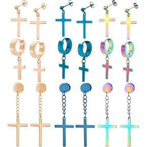 NEWITIN 9 Pairs Stainless Steel Cross Earrings for Men Hypoallergenic Earring Unisex Hoop Hinged Dangle Cross Earring Punk Earrings for Men Women