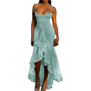 Unybwonn Women Cocktail Maxi Dress Sleeveless Ruched Ruffle Hem Mesh Dresses High Low Split Spaghetti Strap Sundress