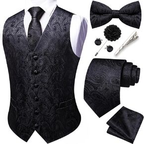 YOHOWA Mens Suit Vest Silk Tie Bowtie Set Paisley Jacquard Formal Waistcoat Clip Hanky Cufflinks Lapel Pin Wedding Party 8PCS