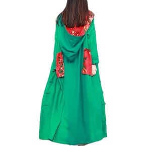 Women's Trench Coat Floral Print Cotton Linen Long Jacket with Hood